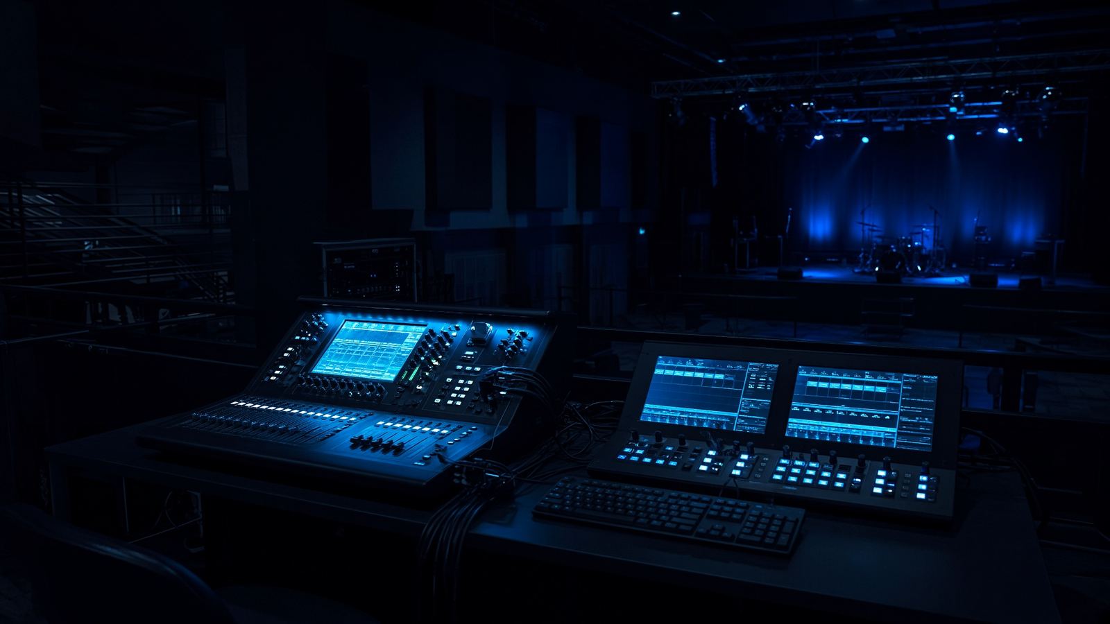 Front-of-house sound and lighting booth at a Houston venue, set up by Black Flag AVP