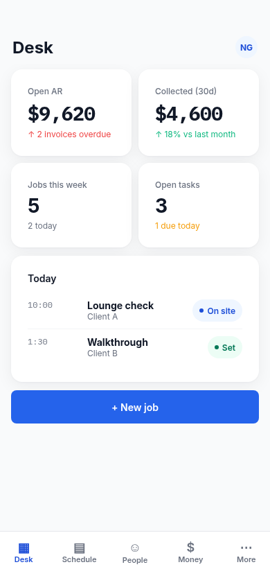 Operix desk on a phone (sample data)